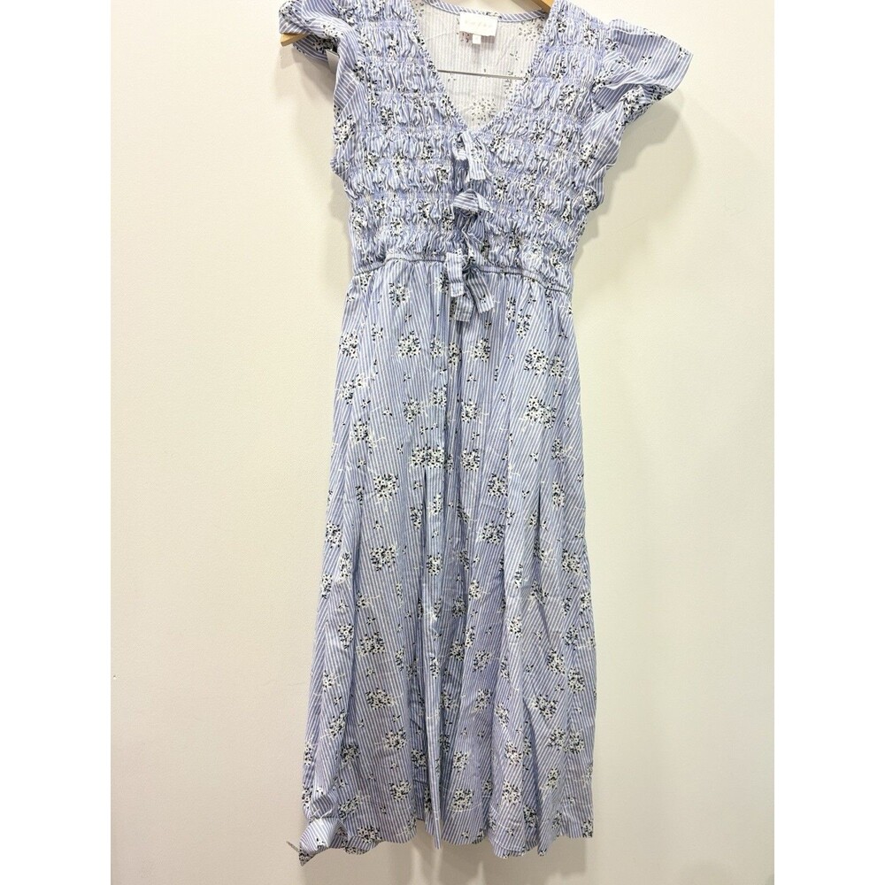 Entro Blue White Stripe Floral Smocked Midi Dress Size S Ruffle Cottagecore